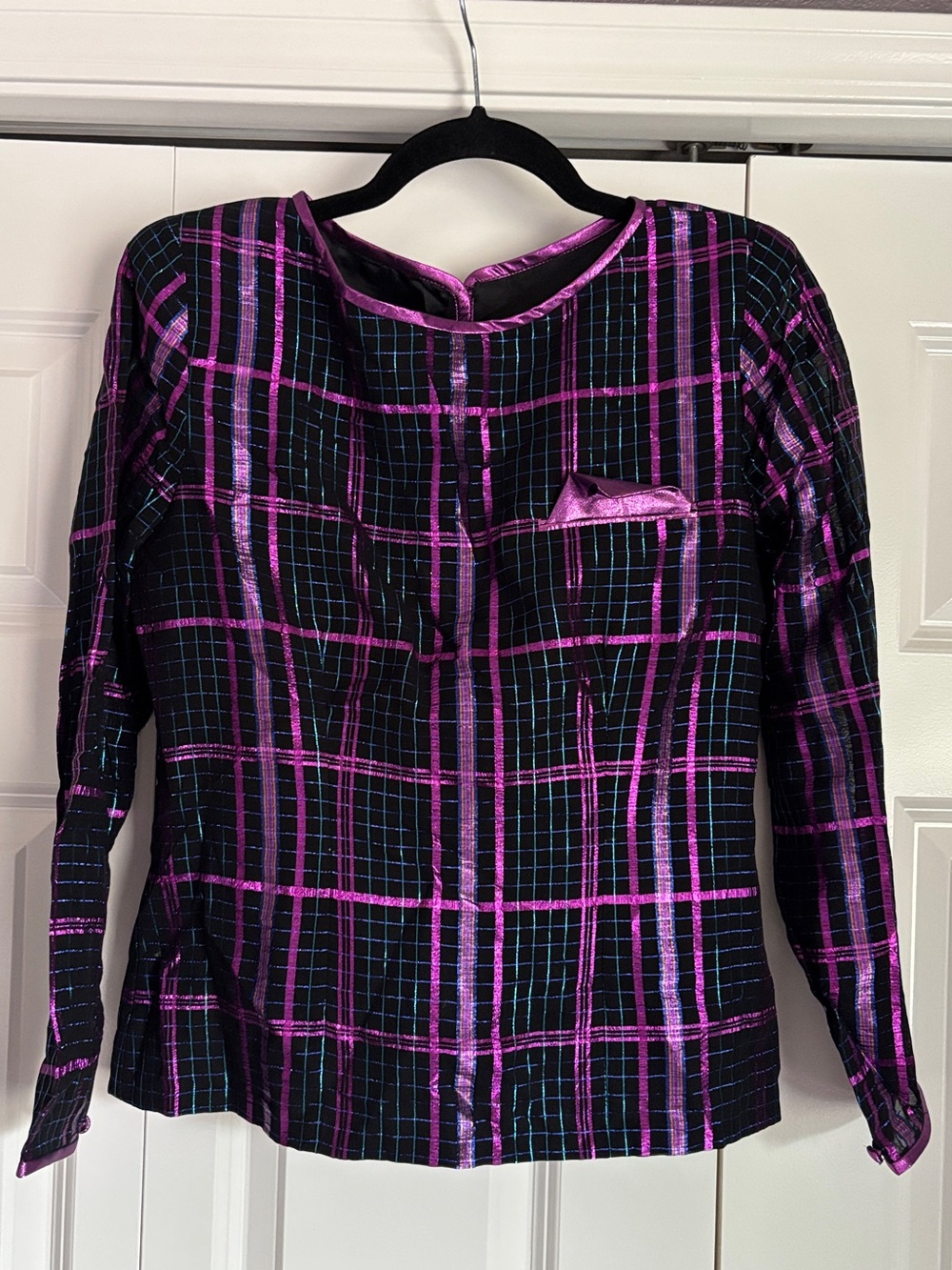 Vintage 80s Prophecy Black & Metallic Purple Plaid Long Sleeve Top